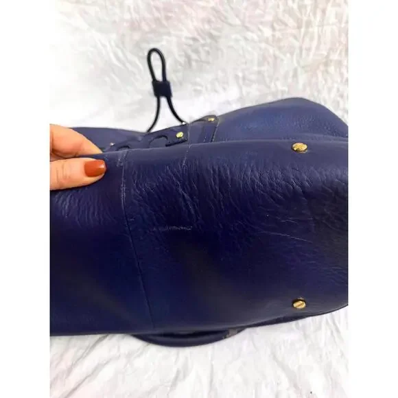 Tory Burch large blue leather bucket purse with gold accents - Picture 10 of 12